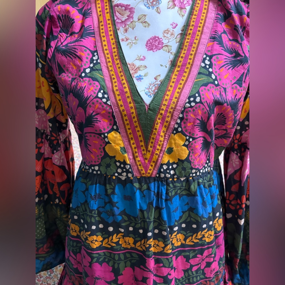 Farm Rio for Anthropologie Bright Floral Tunic Mini Dress Size Small Retail $190 - Picture 6 of 16